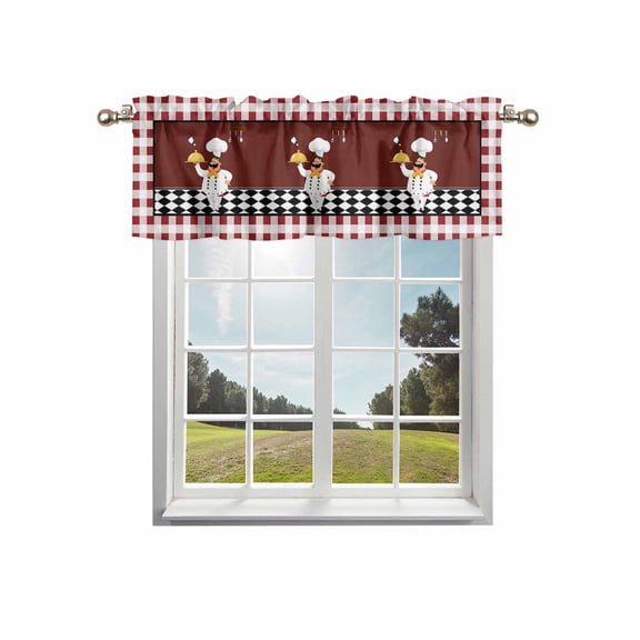 Fat Chef Kitchen Curtain Valances for Windows Farmhouse Short Curtains, Red Gourmet Kitchen Red Black Buffalo Plaid Rod Pocket Valance Curtain for Bedroom Cafe Living Room 42"x18"