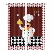 Fat Chef Kitchen Curtains 96 Inch Length, Red Gourmet Kitchen Red Black Buffalo Plaid Grommet Top Bedroom Living Room Curtains, Light Filtering Cafe Curtain Drapes 2 Panels Set 104''x96''