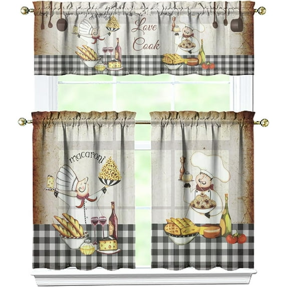 Fat Chef Kitchen Curtains Valances and Tiers Set for Windows, Vintage Bathroom Window Curtain Valance 3 Piece Sets,Kitchen Decor for Living Room,54"x 36"
