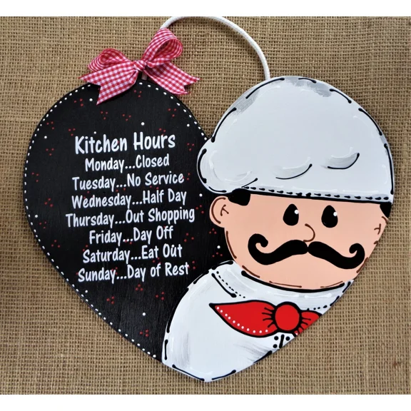 Fat Chef Kitchen Operating Hours Sign Hanger Plaque Cucina Bistro Wood Decor