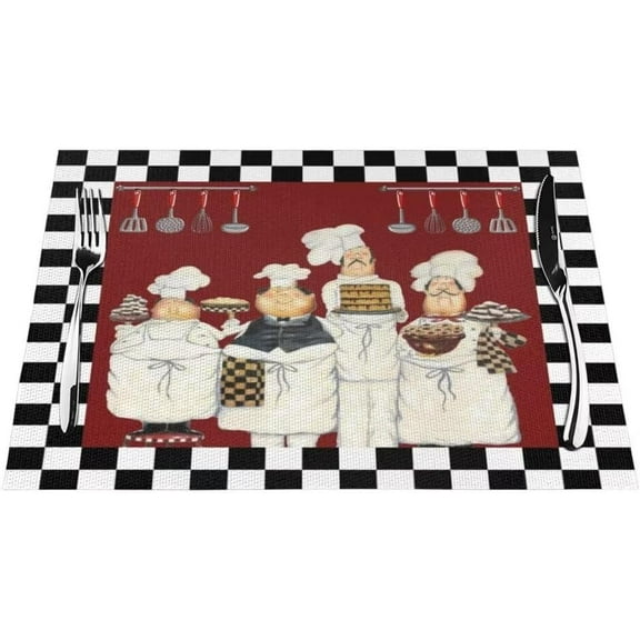 Fat Chef Kitchen Placemats Set of 4 for Dining Table, Rustic Farmhouse Chef Rectangle 12x18 Inch Cotton Linen Placemat, Washable Table Mat for Kitchen Decoration (18" L x 12" W)