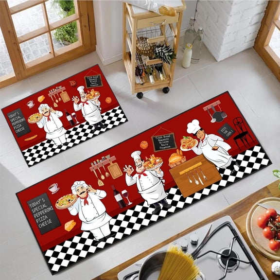 Fat Chef Kitchen Rug 2 Piece Set, Farmhouse Style Decor Kitchen Floor Mat, Absorbent and Washable Runner Rug, Home Vintage Kitchen Decoration