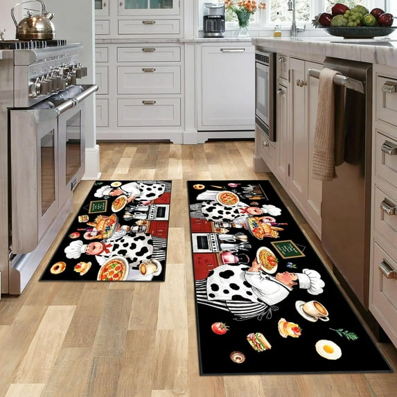 Fat Chef Kitchen Rug 2 Piece Set, Farmhouse Style Decor Kitchen Floor Mat, Absorbent and Washable Runner Rug, Home Vintage Kitchen Decoration Chef Black