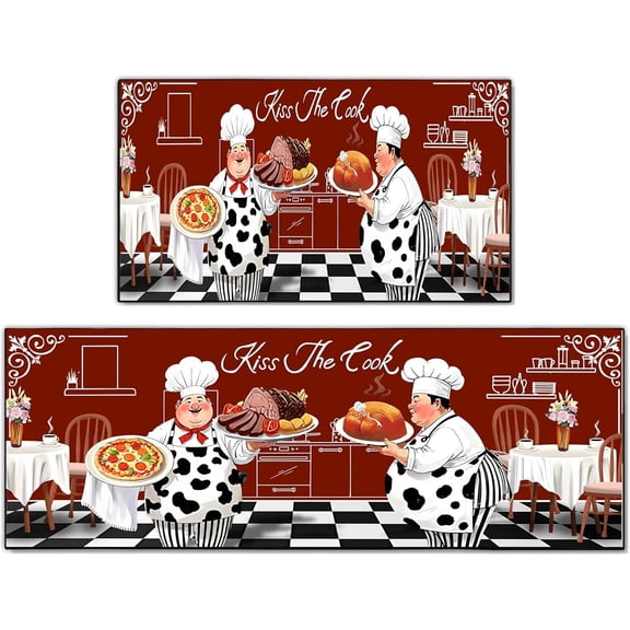 Fat Chef Kitchen Rug 2PC Set, Farmhouse Style Decor Kitchen Floor Mat, Absorbent and Washable Runner Rug, Home Vintage Kitchen Decoration 17x47+17x30 Inches