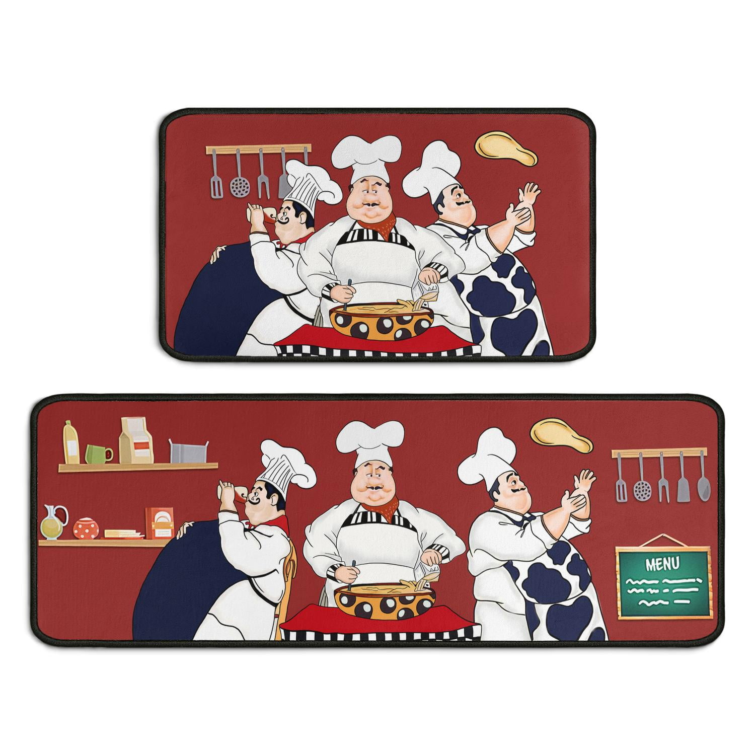 Fat Chef Kitchen Rugs and Mats Sets of 2-Red Kitchen Decor Rugs-Rubber Backing Non-Slip Floor Mat for Sink Washable Waterproof Laundry Room Runner Rugs
