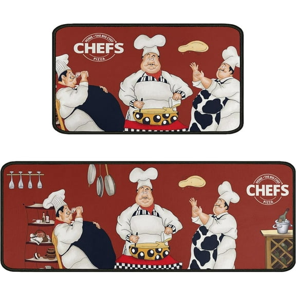 Fat Chef Kitchen Rugs and Mats Sets of 2,Red Kitchen Decoration Rugs,Rubber Backing Non-Slip Floor Mat for Sink Washable Waterproof Laundry Room Runner Rugs