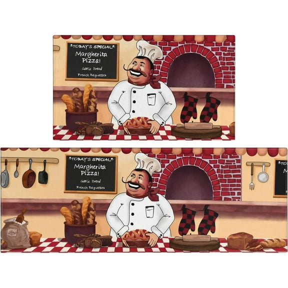 Fat Chef Kitchen Rugs Set 2 Piece Colorful Farmhouse Decorative Rug for Kitchen Low-Profile Floor Mats Decorations for Home Kitchen (17"x48"+17"x30")