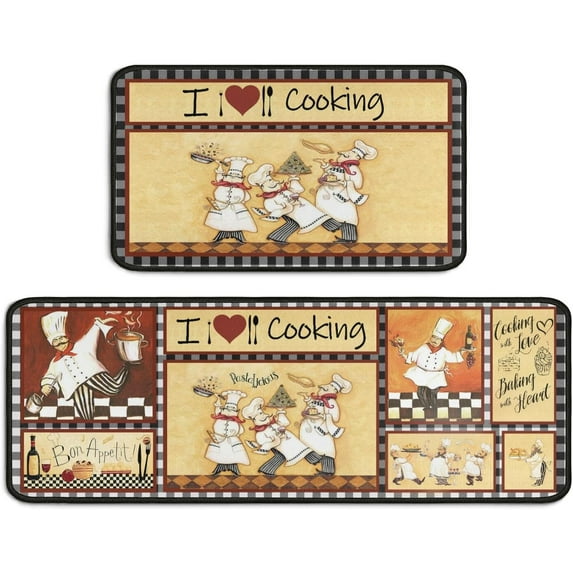Fat Chef Kitchen Rugs Sets of 2, I Love Cooking Farmhouse Washable Anti Fatigue Kitchen Runner Mats for Floor, Non Slip Comfort Standing Holiday Decor Mat for Sink,Laundry,Office 17"x 47"+17"x 30"