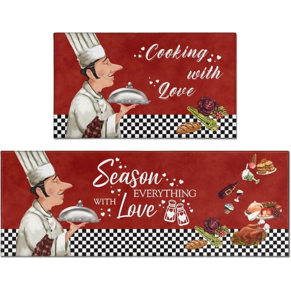 Fat Chef Kitchen Rugs Sets of 2, Vintage Farmhouse Home Kitchen Rugs and Mats, Washable Non Skid Absorbent Microfiber Kitchen Floor Decor Mat 17"x 47"+17"x 30"
