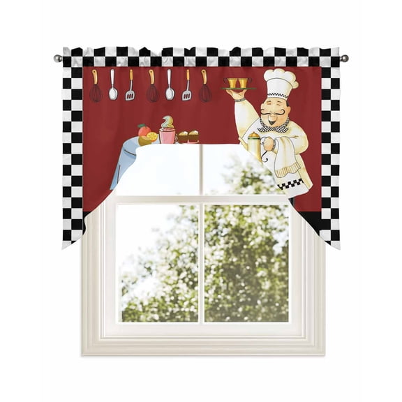 Fat Chef Kitchen Swag Valance for Window,Rod Pocket Short Kitchen Curtains 36 Inch Length,Black White Checkered Farmhouse Red Kitchen Cook Swag Topper Small Window Treatment for Cafe Bathroom