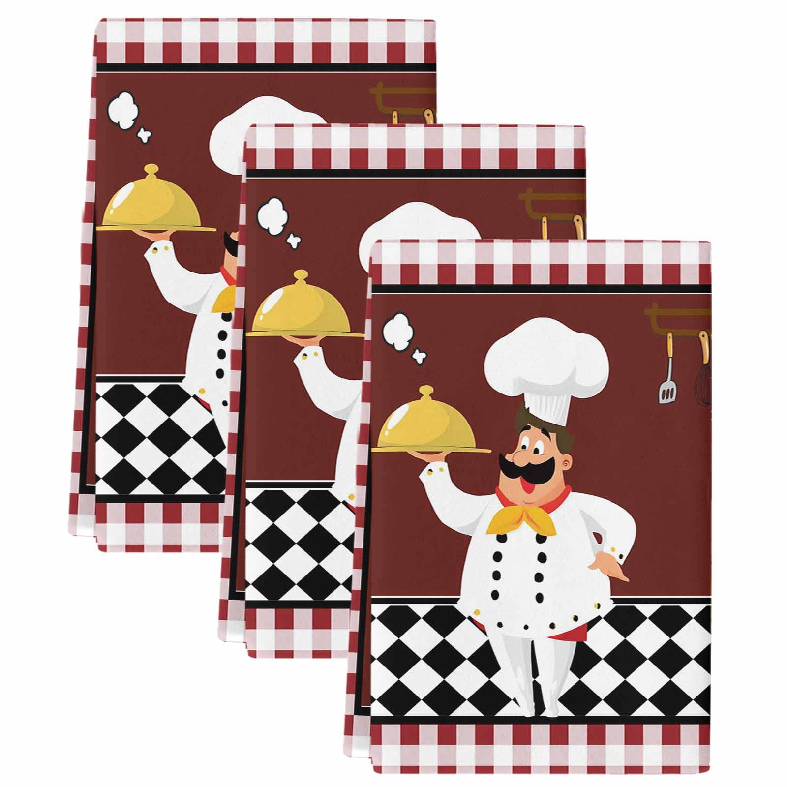 Fat Chef Kitchen Towels Set of 3, Red Gourmet Kitchen Red Black Buffalo Plaid Soft Microfiber Dish Towels, Absorbent Quick-Dry Washable Dishcloths for Kitchen Cleaning, Drying Dishes, 18x28 Inches