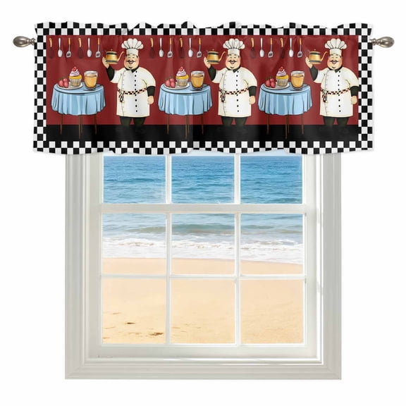 Fat Chef Kitchen Valances for Windows 42x12 Inch Kitchen Curtains Valances Rod Pocket Red Cartoon Cakes Food Cooking Farmhouse Plaid Bathroom Window Valances for Window Treatment Decor