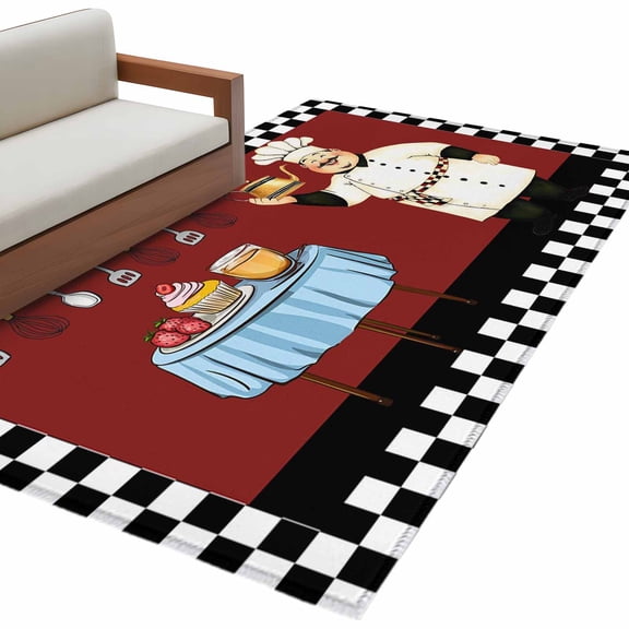 Fat Chef Large Area Rugs for Bedroom Living Room, Soft Non Slip Carpet Bedside Rug, Red Cartoon Cakes Food Cooking Farmhouse Plaid Rectangular Floor Cover Kitchen Accent Rug 2.7'x5' for Office