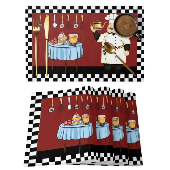 Fat Chef Placemats Set of 4 Red Cartoon Cakes Food Cooking Farmhouse Plaid Place Mats Indoor Wipeable Table Mats Washable Cloth Dining Table Placemats for Kitchen Holiday Party Home Decor 13x19 Inch