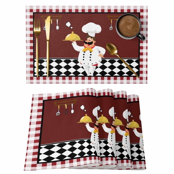 Fat Chef Placemats Set of 6, Red Gourmet Kitchen Red Black Buffalo Plaid Placemats for Dining Table, Place Mats for Kitchen Tabletop, Waterproof Wipeable Dining Table Mats Set