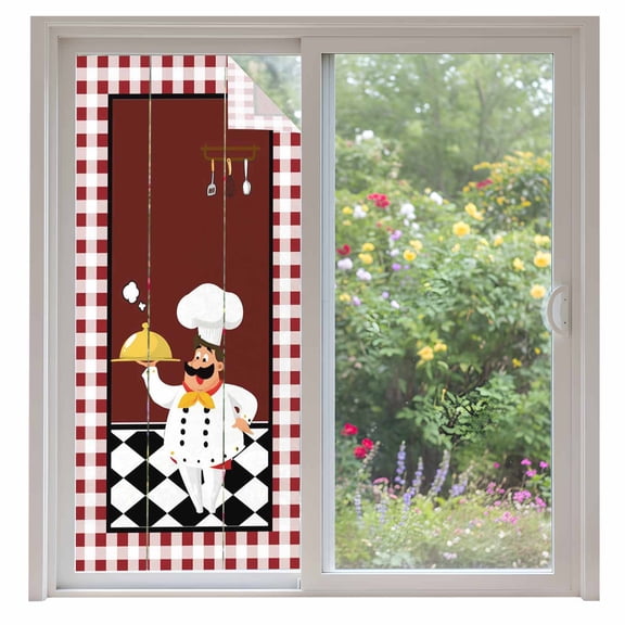 Fat Chef Privacy Window Film, Decorative Frosted Glass Window Film, Red Gourmet Kitchen Red Black Buffalo Plaid Reusable Peel and Stick Static Cling for Home Bathroom Office Glass Door 35.4"x78.7"