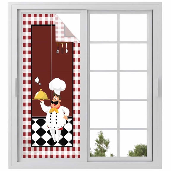 Fat Chef Privacy Window Film, Decorative Frosted Glass Window Film, Red Gourmet Kitchen Red Black Buffalo Plaid Reusable Peel and Stick Static Cling for Home Bathroom Office Glass Door 23.6"x59"