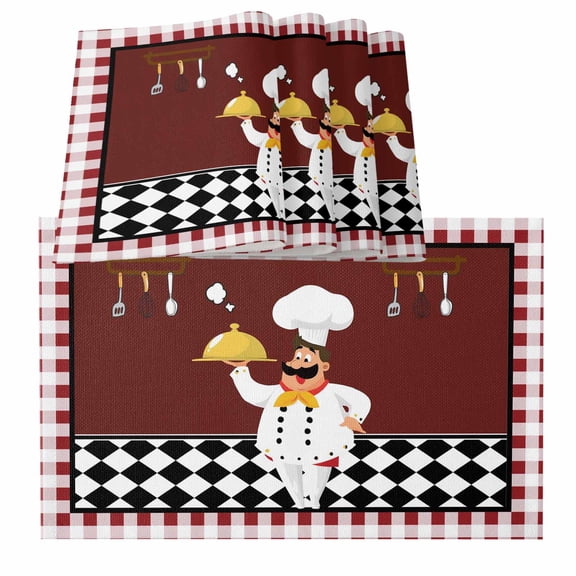 Fat Chef Red Gourmet Kitchen Red Black Buffalo Plaid Burlap Kitchen Place Mats Waterproof Cloth Table Mats, Indoor Outdoor Placemats Easy Clean Dinner Decor