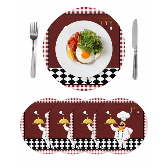 Fat Chef Round 13 Inch Placemats Set of 4, Red Gourmet Kitchen Red Black Buffalo Plaid HeatResistant Non Slip Place Mats for Dining Table, Wipeable Braided Kitchen Table Mats for Housewarming