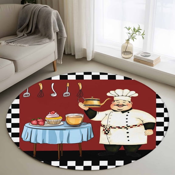 Fat Chef Round Area Rug 4ft, Red Cartoon Cakes Food Cooking Farmhouse Plaid Washable Non-Slip Circle Rugs for Bedroom Living Room Kitchen, Soft Non Shedding Circle Carpet for Dining Room Dorm