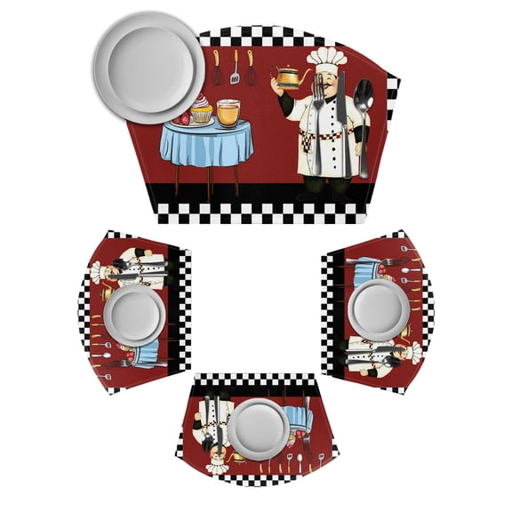 Fat Chef Round Table Placemats Set of 4 Wedge Placemats, Red Cartoon Cakes Food Cooking Farmhouse Plaid Place Mats for Dining Table Set Washable Mats Kitchen Decor for Indoor Outdoor Wipe Clean