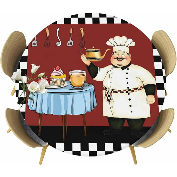 Fat Chef Round Tablecloth 36-44 Inch Round Fitted Table Cloth with Elastic Edge, Black White Checkered Farmhouse Red Kitchen Cook Waterproof Table Cover Protector for Outdoor Picnic Party Dining