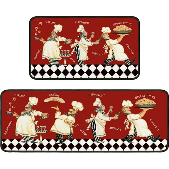 Fat Chef Rugs Kitchen Floor Mats for in Front of Sink, Anti Fatigue Floor Mat for Kitchen, Padded Kitchen Mats for Standing and Red Kitchen Matt for Standing for Kitchen Decor 17"X30"+17"X47"
