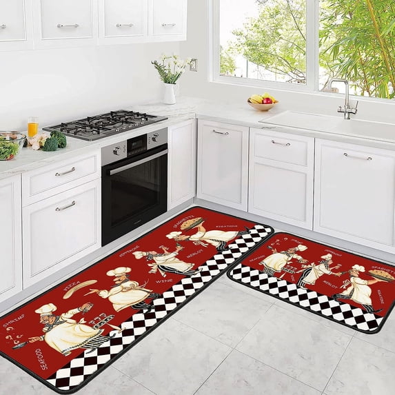 Fat Chef Rugs Kitchen Floor Mats for Sink, Anti Fatigue Floor Mat for Kitchen, Padded Kitchen Mats for Standing and Red Kitchen Matt for Standing for Kitchen Decor 17"X30"+17"X47"