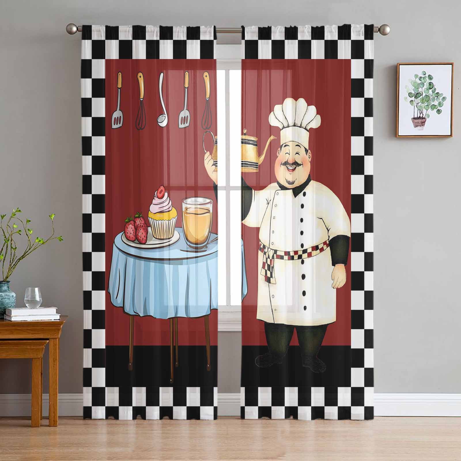 Fat Chef Semi Sheer Curtains 84 Inch Length 2 Panels Set,Black White ...