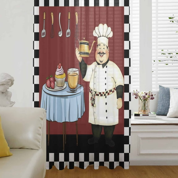 Fat Chef Semi Sheer Curtains Drapes for Living Room,Bedroom,French Doors Window 84 Inches Long,Black White Checkered Farmhouse Red Kitchen Cook Rod Pocket Chiffon Curtain Drapery Voile Drape Panel