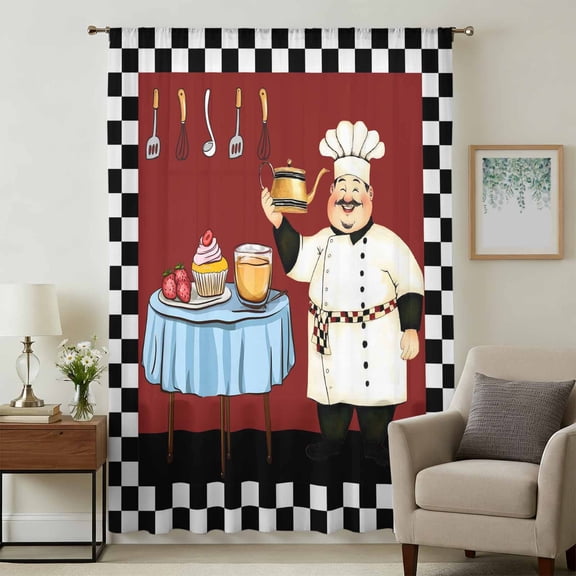 Fat Chef Sheer Curtains 63 Inches Long, Red Cartoon Cakes Food Cooking Farmhouse Plaid Light Filering Curtains, Breathable Simi Curtain Privacy Drapes for Living Room Bedroom Window Treatment