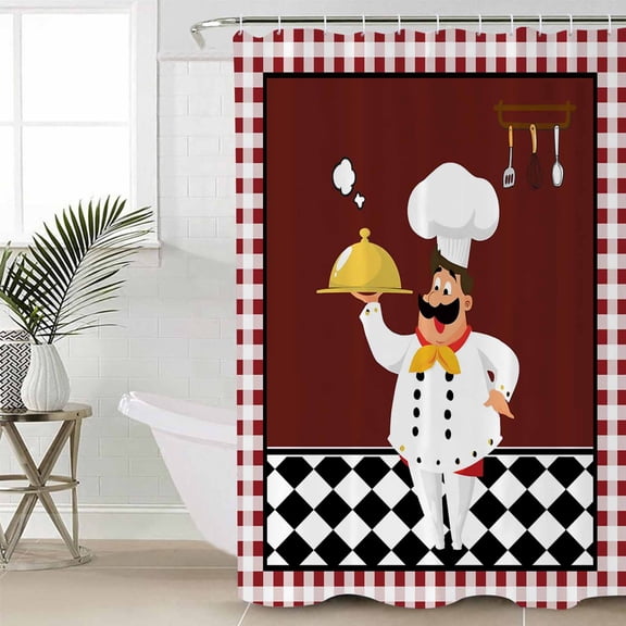 Fat Chef Shower Curtain Set, Waterproof Shower Curtains for Bathroom, Red Gourmet Kitchen Red Black Buffalo Plaid Washable Fabric Cloth Bath Curtain for Bathtub Decoration with Hooks 66x72 Inches