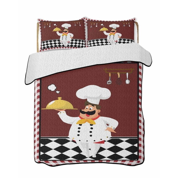 Fat Chef Summer Quilt Set King Size,Soft Microfiber Quilted Bedding Set with 2 Pillow Shams,Red Gourmet Kitchen Red Black Buffalo Plaid Lightweight All Season Bedspread Coverlet for Bedroom 96"x106"