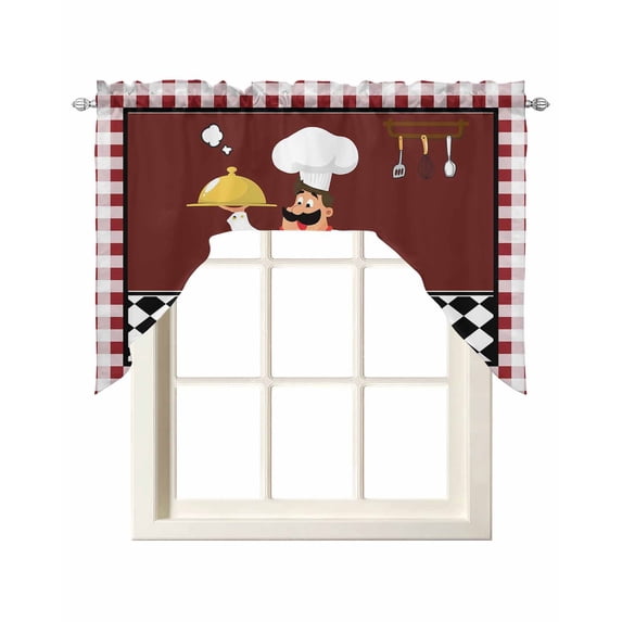 Fat Chef Swag Valances for Windows, Small Curtains Drapes, Red Gourmet Kitchen Red Black Buffalo Plaid Kitchen Window Curtains Over Sink Window Treatment Valance for Bedroom/Bathroom 56"x36"