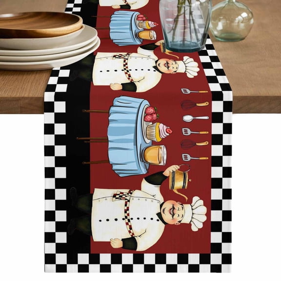 Fat Chef Table Runner 36 Inches, Red Cartoon Cakes Food Cooking Farmhouse Plaid Bed Runner Dresser Scarves Tabletop for Indoor Outdoor Parties/Ceremony/Banquet, 13"x 36"