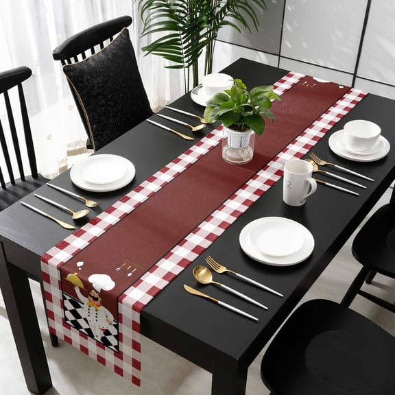 Fat Chef Table Runner 36 Inches Small, Red Gourmet Kitchen Red Black Buffalo Plaid Kitchen Dining Burlap Linen Tablerunner for Small/Round/Square/Wedding/Coffee/Dining Table Party Home Décor 13 x 36