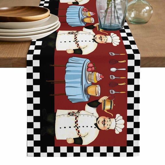 Fat Chef Table Runner, Black White Checkered Farmhouse Red Kitchen Cook Washable Cotton Linen Table Runners 48 Inches Long, Dresser Scarf Runner for Nightstand/Coffee/End Tables 13''x48''