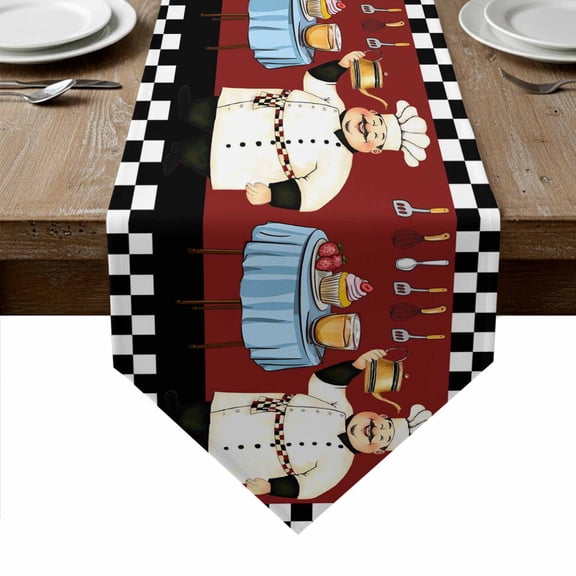 Fat Chef Table Runner Linen Burlap Table Runner 70 Inches Long Black White Checkered Farmhouse Red Kitchen Cook Dresser Scarves for Kitchen Island Coffee Dining Room Party Holiday Decoration 13"x70"