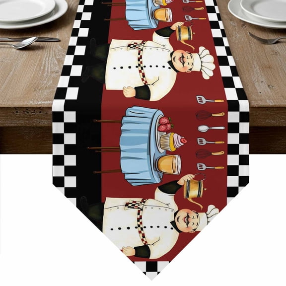 Fat Chef Table Runner Linen Burlap Table Runner 72 Inches Long Red Cartoon Cakes Food Cooking Farmhouse Plaid Dresser Scarves for Kitchen Island Coffee Dining Room Party Wedding Holiday Decor 14"x72"
