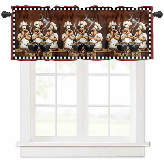 Fat Chef Valances for Windows Farmhouse Kitchen Curtains Valances Rod Pocket Valance Curtains for Kitchen Windows Cartoon Vintage Black Check Plaid Window Valances for Bathroom Bedroom 42"x18"