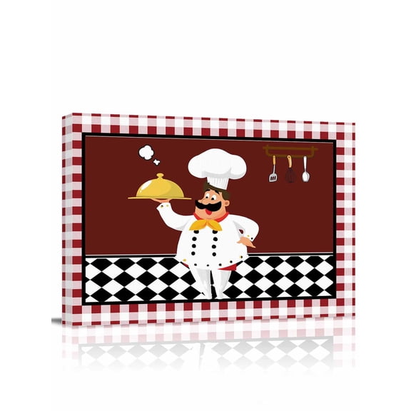 Fat Chef Wall Art for Living Room,Canvas Picture Wall Decor for Bathroom Bedroom,Red Gourmet Kitchen Red Black Buffalo Plaid Painting Artwork for Office Kitchen Hallway Dining Room Home Decor 12"x16"