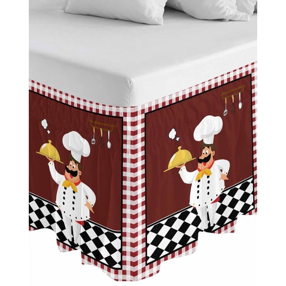 Fat Chef Wrap Around Bed Skirts for Queen Bed 16" Drop,Bed Skirt with Adjustable Elastic Belt Dust Ruffle Bed Valance for Bedroom Hotel Red Gourmet Kitchen Red Black Buffalo Plaid Bed Frame Cover