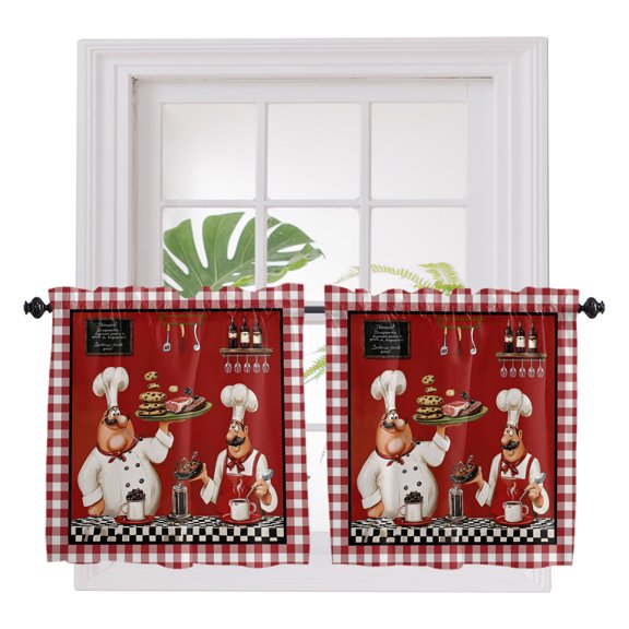 Fat Chefs 2 Panel Kitchen Curtains for Small Windows, Funny Kitchen Cooking Red Buffalo Plaid Bathroom Tier Curtain, Short Window Treatment for Bedroom/Living Room 55"x24"