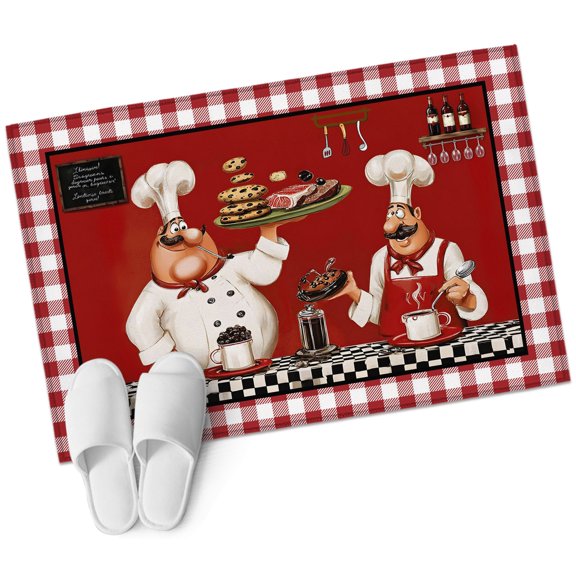 Fat Chefs Bathroom Rug Washable 2x3 Entryway Rug Non Slip Funny Kitchen Cooking Red Buffalo Plaid Front Door Mat Low Pile Indoor Doormat Throw Floor Carpet for Kitchen Bedroom Entrance