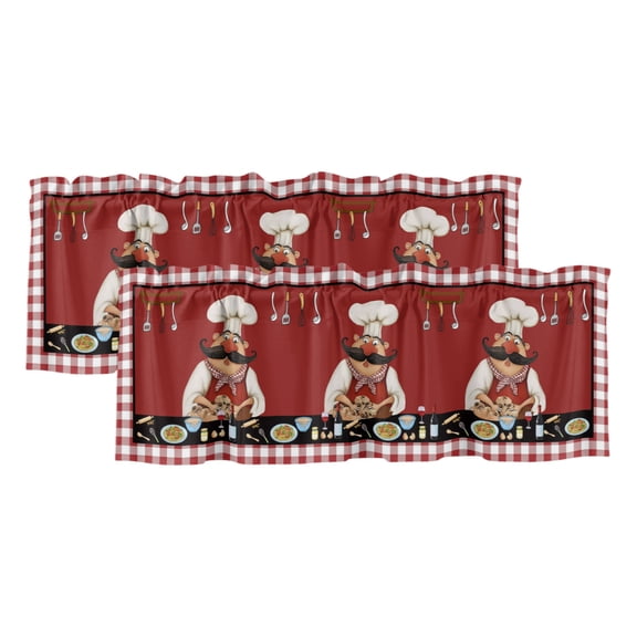 Fat Chefs Curtain Valances for Windows, Kitchen Valance Window Treatments Panel 2 Pack, Kitchen Cooking Gourmet Red Buffalo Plaid Rod Pocket Short Curtains for Bathroom Bedroom 42 x 12 Inch