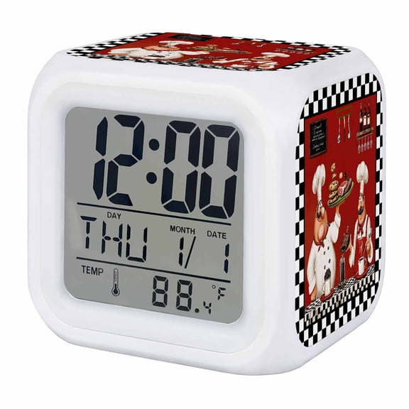 Fat Chefs Digital Alarm Clock for Bedrooms, Smart LED Alarm Clock with 7 Color Changing Night Light, Funny Kitchen Cooking Forks Black Plaid Silent Wake Up Clocks for Sleep Study Cooking 3.2"x3.2"