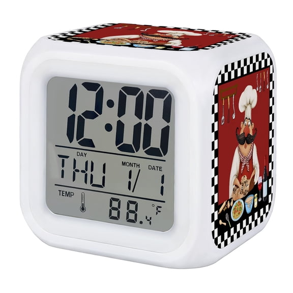 Fat Chefs Digital Alarm Clock for Bedrooms, Smart LED Alarm Clock with 7 Color Changing Night Light, Kitchen Cooking Gourmet Black Plaid Silent Wake Up Clocks for Sleep Study Cooking 3.2"x3.2"
