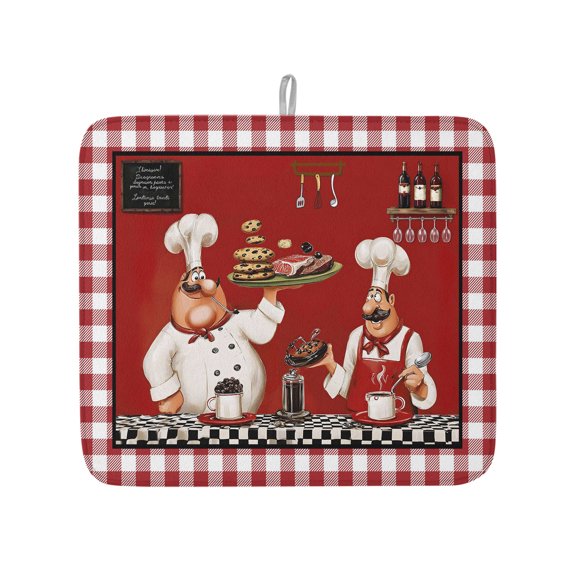 Fat Chefs Dish Drying Mat for Kitchen Counter,Funny Kitchen Cooking Red Buffalo Plaid Dish Mat Drying Kitchen Mat for Sink Fridge Drawer Dishes Drainer Mats Microfiber Drying Pad 1pcs 16"x18"