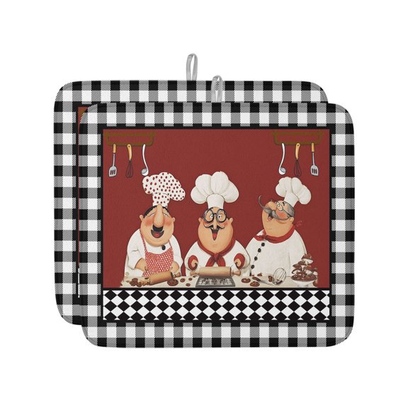 Fat Chefs Dish Drying Mat for Kitchen Counter,Kitchen Cooking Food Black Buffalo Plaid Dish Mat Drying Kitchen Mat for Sink Fridge Drawer Dishes Drainer Mats Microfiber Drying Pad 2pcs 16"x18"