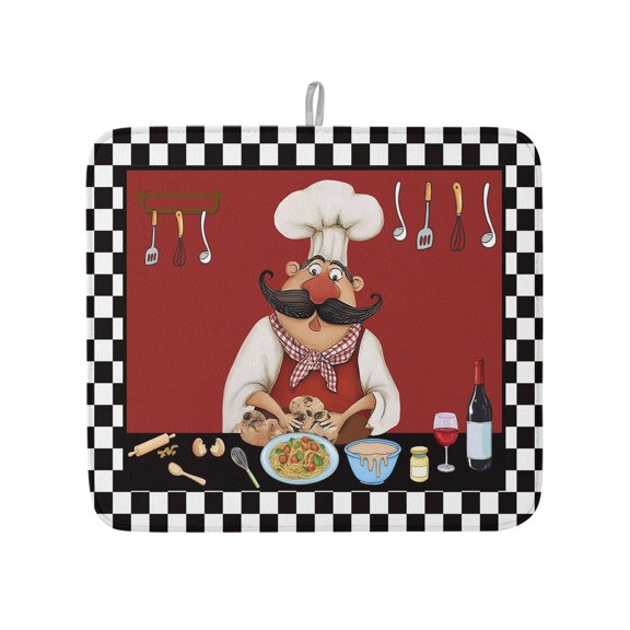 Fat Chefs Dish Drying Mat for Kitchen Counter, Kitchen Cooking Gourmet Black Plaid Dish Mat Drying Kitchen Mat for Sink Fridge Drawer Absorbent Dishes Drainer Mats Microfiber Drying Pad 1pcs 16"x18"